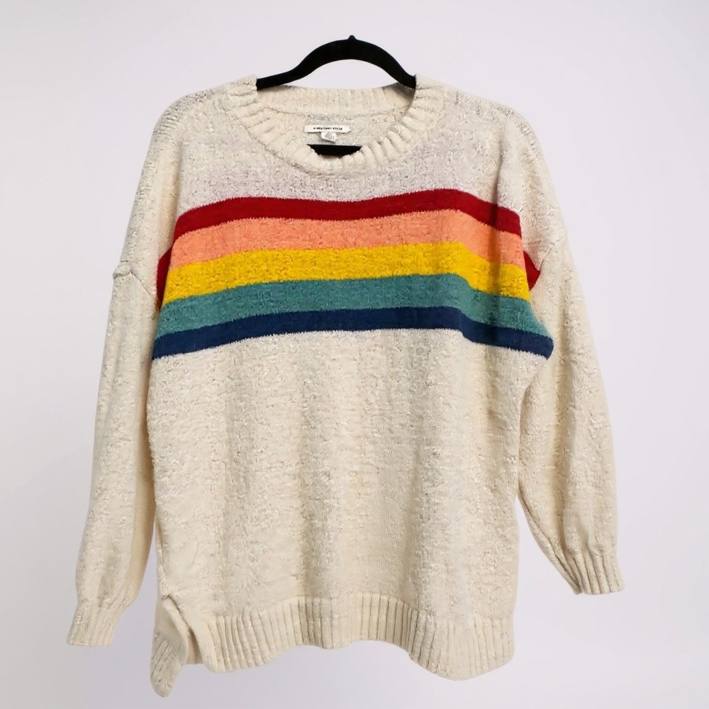 American Eagle Womens Rainbow Striped Knit Sweater Cream Pullover XS XSmall